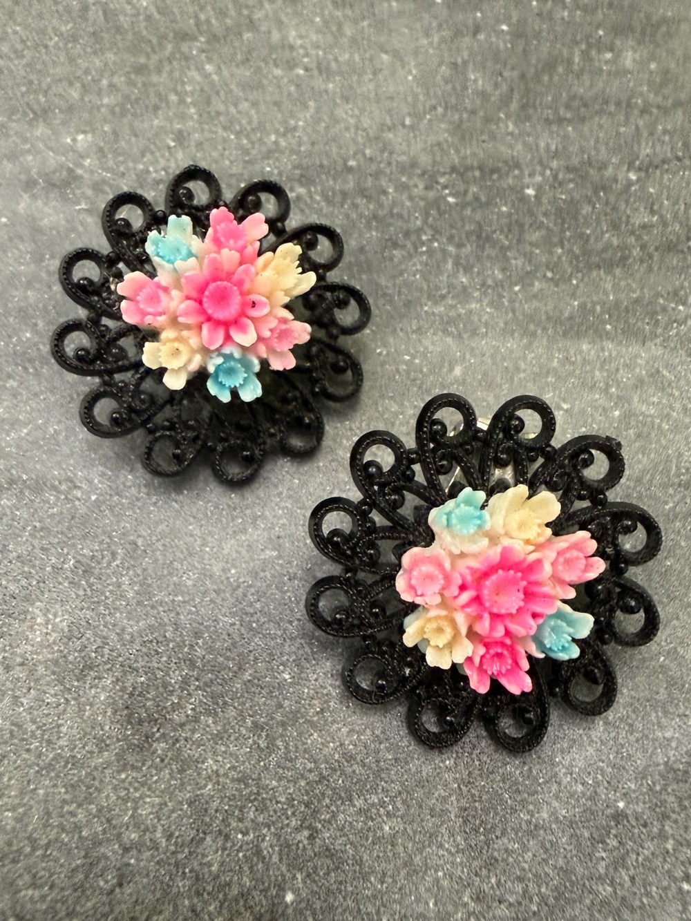 Vintage Black Neon Lace Floral Celluloid Clip On Earrings